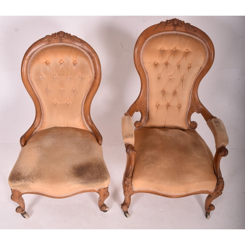 425 - Victorian 19th century walnut framed buttoned back bedroom ladies and gentleman's salon armchairs. E... 