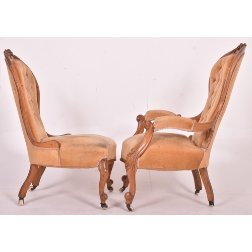 425 - Victorian 19th century walnut framed buttoned back bedroom ladies and gentleman's salon armchairs. E... 