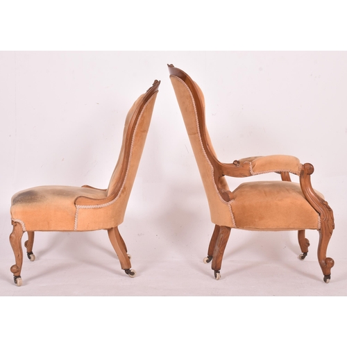 425 - Victorian 19th century walnut framed buttoned back bedroom ladies and gentleman's salon armchairs. E... 