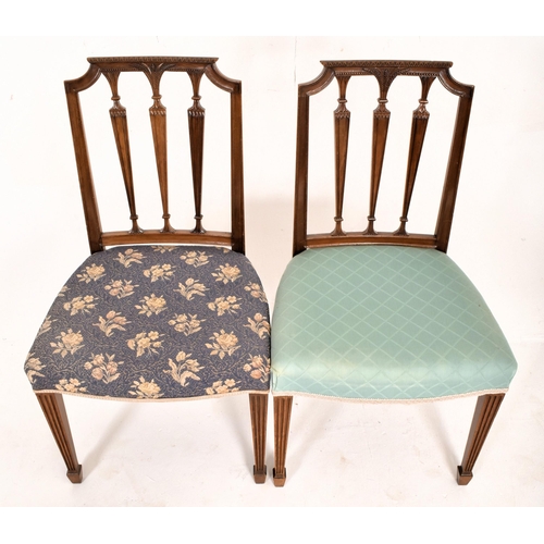 431 - Five Victorian 19th century mahogany carved rail back dining chairs. Each chair featuring barley dec... 