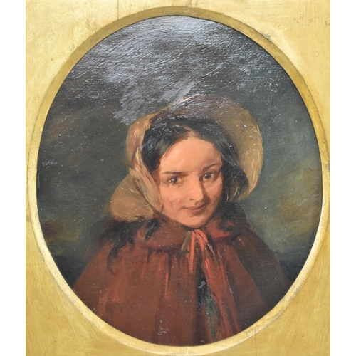 439 - A 19th century British School oil on laid canvas on board portrait painting of young girl in bonnet.... 