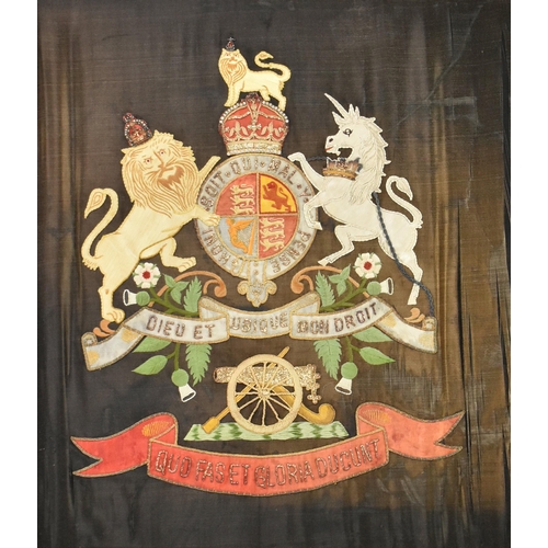 447 - A 19th century artillery regiment Royal coat of arms in applique and embroidery work. The embroidery... 