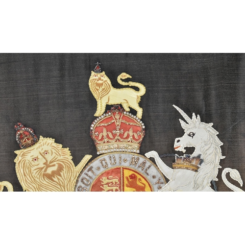 447 - A 19th century artillery regiment Royal coat of arms in applique and embroidery work. The embroidery... 