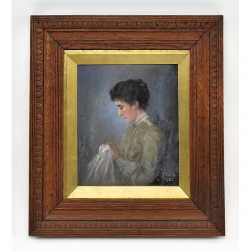 453 - A believed French early 20th century pastel & oil on cardboard portrait painting of a lady sewin... 