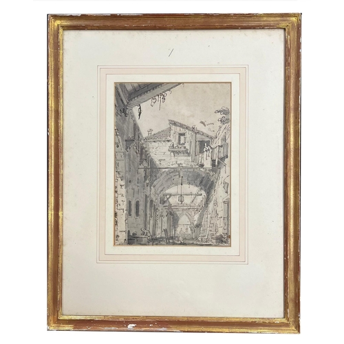 469 - After Canaletto (Italian, 1697-1768) - Capriccio: A street crossed by arches – An ink and watercolou... 