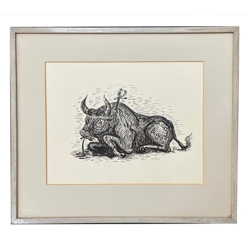 482 - André Masson (French, 1896 –1987) – Dying Bull - An ink on paper drawing painting. Signed with initi... 