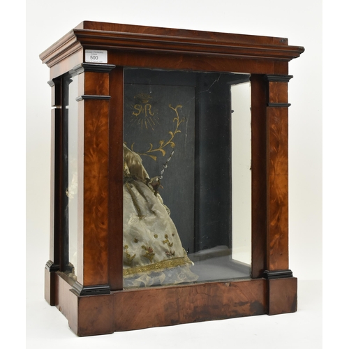 500 - A continental 19th century mahogany & glazed cased chapel ecclesiastical wax figure of Madonna w... 