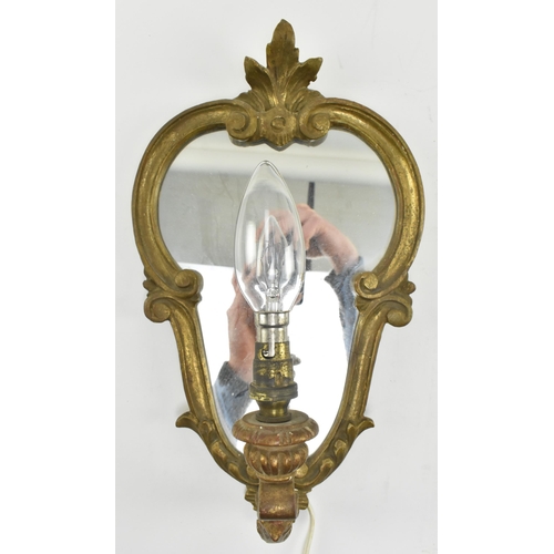 527 - A pair of French inspired 20th century gilt wood girondole wall mirror sconces. Each wall light havi... 