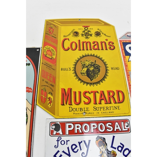 37 - A mixed selection of five reproduction porcelain enamel advertising signs. The lot comprises Colman'... 