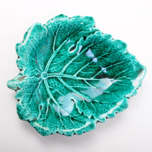 103 - Wedgwood - Three mid century ceramic majolica leaf plates with a green glaze. Makers mark to the und... 