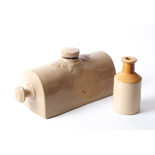 116 - Early 20th century stoneware hot water bottle, together with a smaller water bottle. With screw top ... 