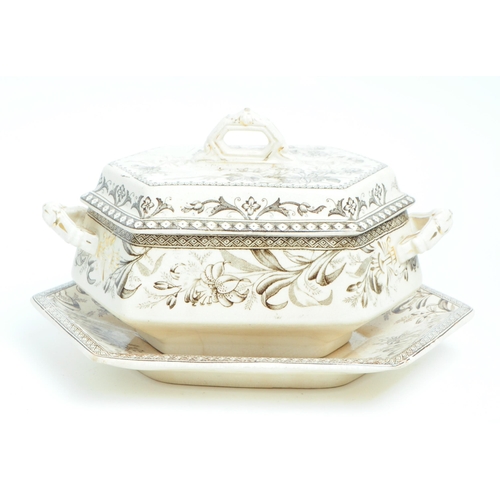 141 - Wedgwood - Late 19th century 'Lily' patterned pottery twin handled lidded tureen and saucer. Numbere... 