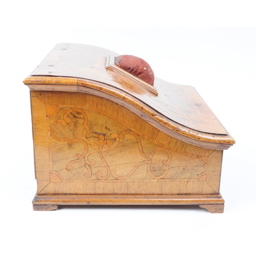 217 - Early 20th century Walnut veneer sewing box with a sloping hinged lid featuring a pin cushion mounte... 