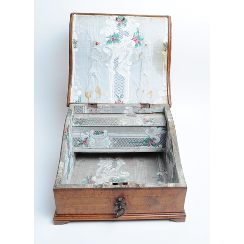 217 - Early 20th century Walnut veneer sewing box with a sloping hinged lid featuring a pin cushion mounte... 