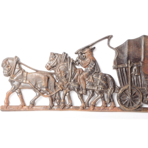 238 - 20th century cast iron horse and cart plaque, depicting two horses, a man sat upon one of them, pull... 