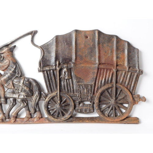 238 - 20th century cast iron horse and cart plaque, depicting two horses, a man sat upon one of them, pull... 