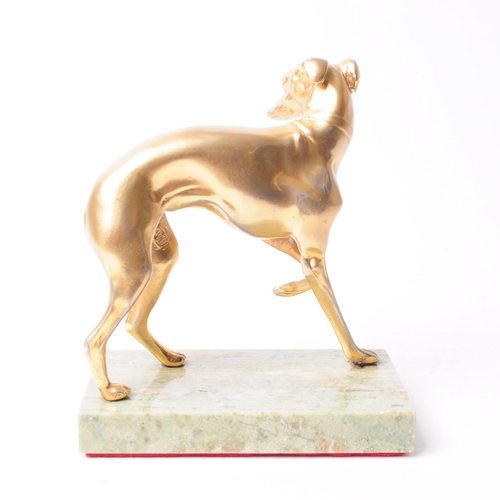 249 - 20th century vintage gold toned metal whippet / greyhound sculpture mounted on a green alabaster bas... 