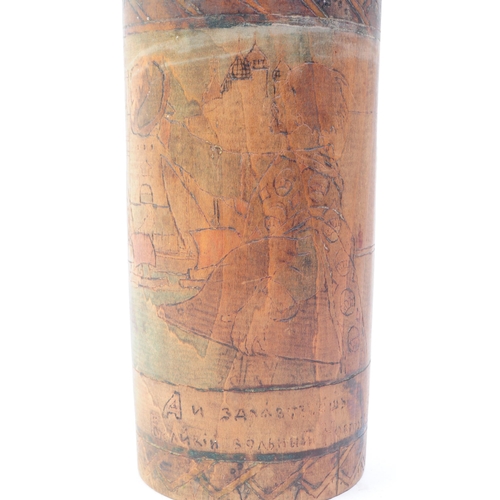 262 - A late 19th / early 20th century carved bamboo pen pot / vase. Having carved and painted scene to si... 