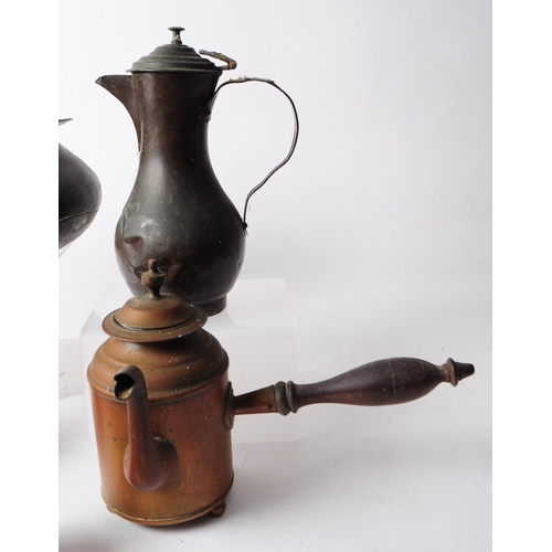 270 - Collection of early 20th century copper items, comprised of three coffee pots, a hammered jug, funne... 