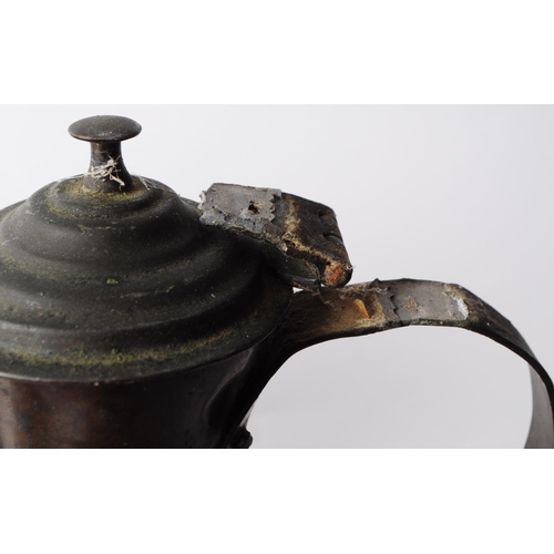 270 - Collection of early 20th century copper items, comprised of three coffee pots, a hammered jug, funne... 