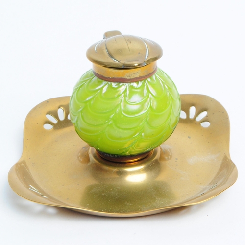 297 - 1915 art nouveau Loetz Austria iridescent green glass inkwell with brass pierced cornered base and p... 