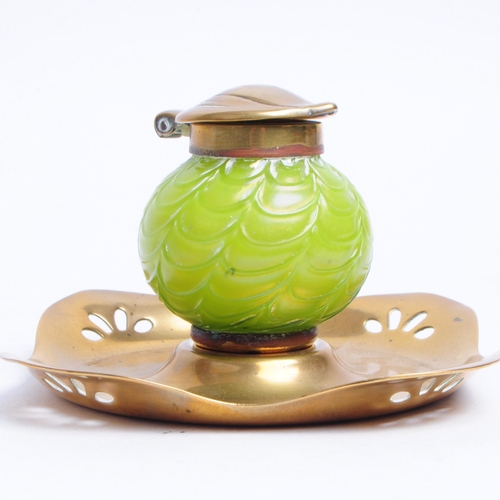 297 - 1915 art nouveau Loetz Austria iridescent green glass inkwell with brass pierced cornered base and p... 