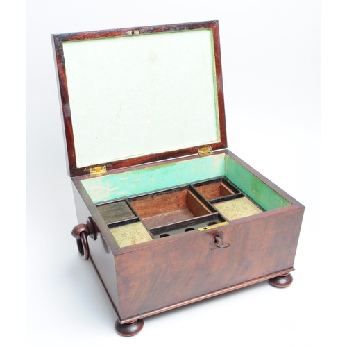 300 - 19th century walnut sarcophagus sewing box raised on four bun feet with a hinged lid opening to reve... 