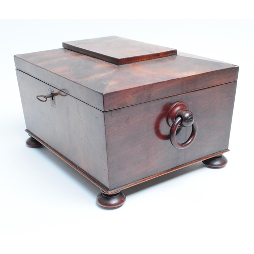 300 - 19th century walnut sarcophagus sewing box raised on four bun feet with a hinged lid opening to reve... 