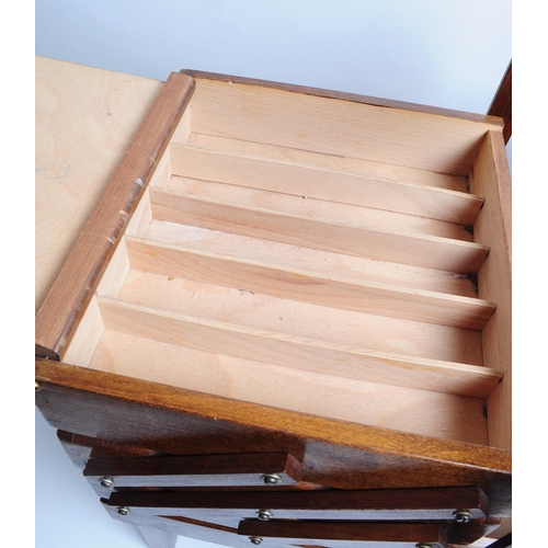 306 - Vintage 20th century wooden cantilever sewing box raised on four square legs. Box able to be extende... 