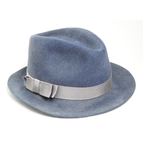 321 - A vintage 20th century blue trilby hat together with a oversized etched glass brandy bowl with Totne... 