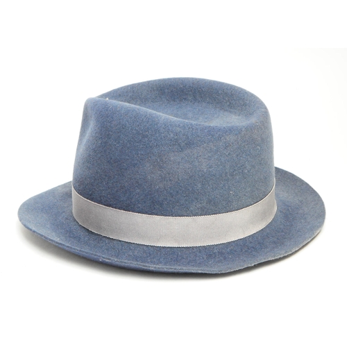 321 - A vintage 20th century blue trilby hat together with a oversized etched glass brandy bowl with Totne... 