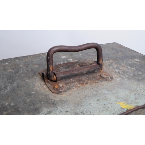 326 - 20th century grey metal industrial strong box with wooden interior. Also features latch fasteners to... 