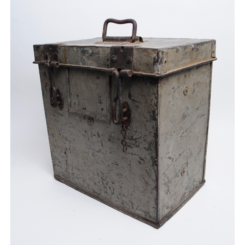 326 - 20th century grey metal industrial strong box with wooden interior. Also features latch fasteners to... 