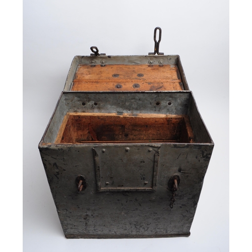 326 - 20th century grey metal industrial strong box with wooden interior. Also features latch fasteners to... 