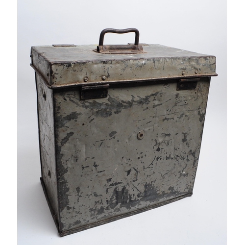 326 - 20th century grey metal industrial strong box with wooden interior. Also features latch fasteners to... 