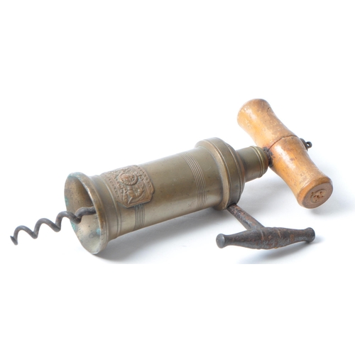 339 - Robert Jones - Early 20th century brass corkscrew with wooden handle and iron mechanism handle. Make... 