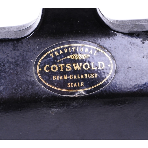 346 - Early 20th century Cotswold brass beam balanced weighing scales with weights. Black painted body wit... 