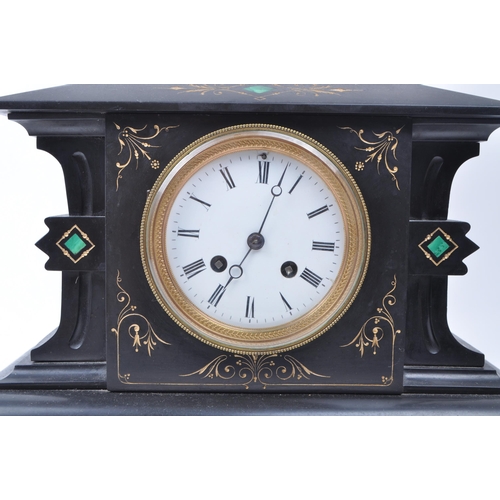 351 - Early 20th century French style slate mantel clock with malachite inlay and gilt detailing. White en... 