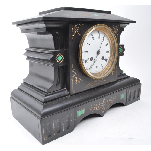 351 - Early 20th century French style slate mantel clock with malachite inlay and gilt detailing. White en... 