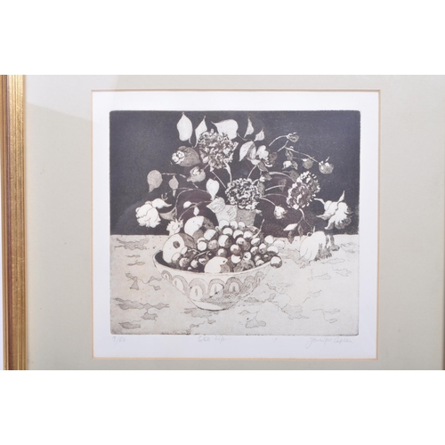 363 - Jennifer Caplan - Late 20th century black and white still life etching of a fruit bowl and a bunch o... 