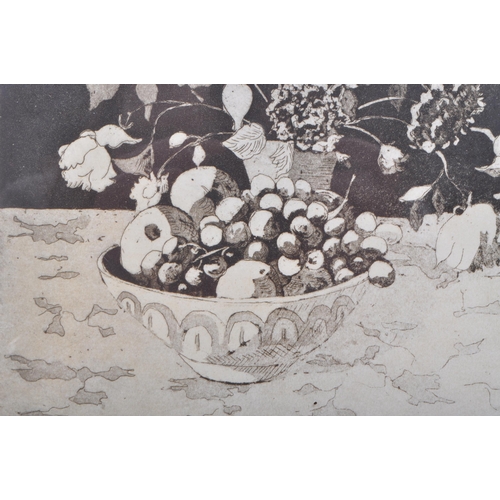 363 - Jennifer Caplan - Late 20th century black and white still life etching of a fruit bowl and a bunch o... 