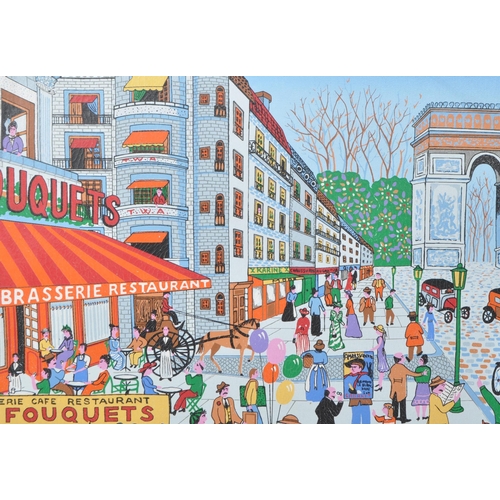 396 - A vintage 20th century acrylic on canvas painting. Vibrant polychrome design of French street scene.... 