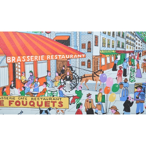 396 - A vintage 20th century acrylic on canvas painting. Vibrant polychrome design of French street scene.... 