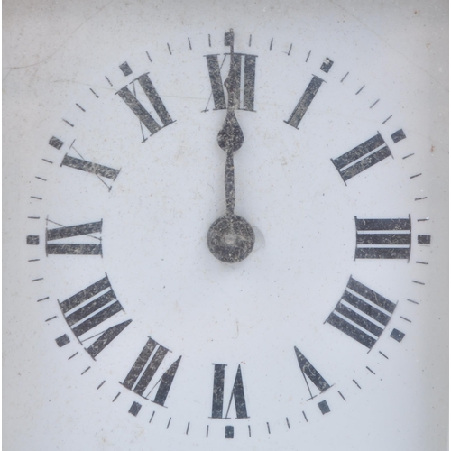 398 - 20th brass carriage clock, with a Roman numeral chapter ring on white enamel face. Bevelled glass to... 