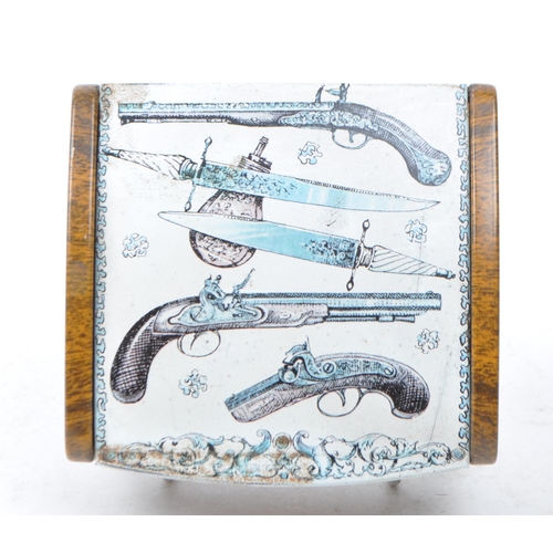 448 - Piero Fornasetti - Mid century 1950s metal trinket box with hinged lid lithographed with pistols and... 