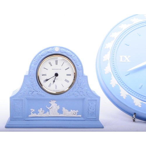 68 - Wedgwood - Jasperware - Three 20th century sky blue porcelain clocks, comprised of a circular wall c... 