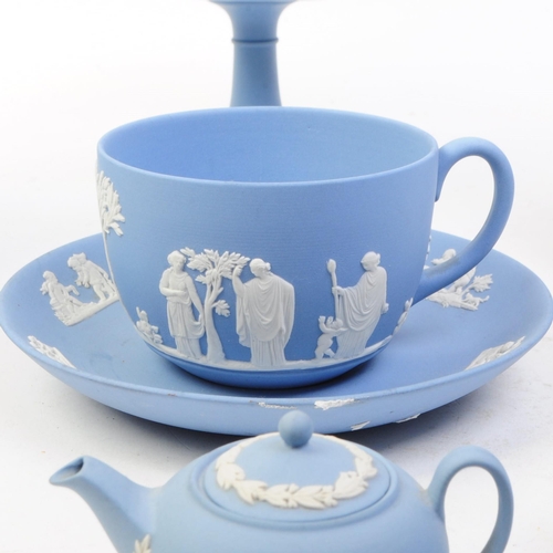 80 - Wedgwood - Jasperware - Collection of 20th century bisque porcelain sky blue pieces, comprised of a ... 