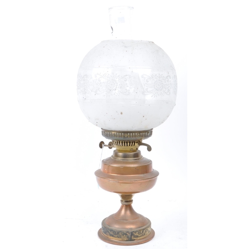 377 - A collection of Victorian and later table top oil lamps. Brass and copper construction with an iron ... 