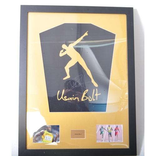 436 - Usain Bolt - A contemporary signed framed piece of artwork. With a silhouette of the athlete in his ... 