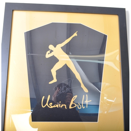 436 - Usain Bolt - A contemporary signed framed piece of artwork. With a silhouette of the athlete in his ... 